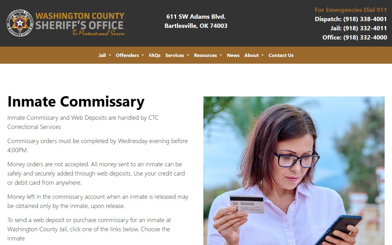 Washington County Correctional Facility commissary and inmate funds page