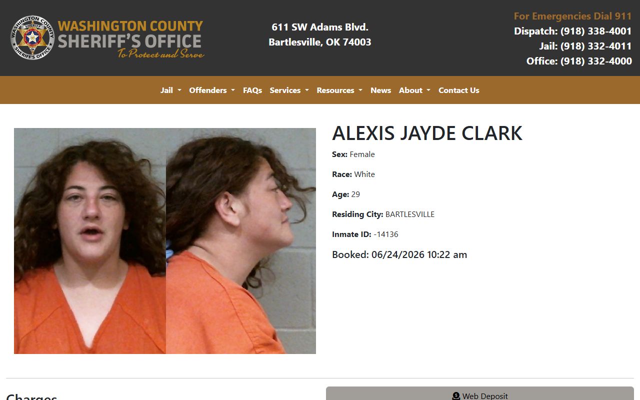 Washington County inmate records sample booking profile with mugshot field